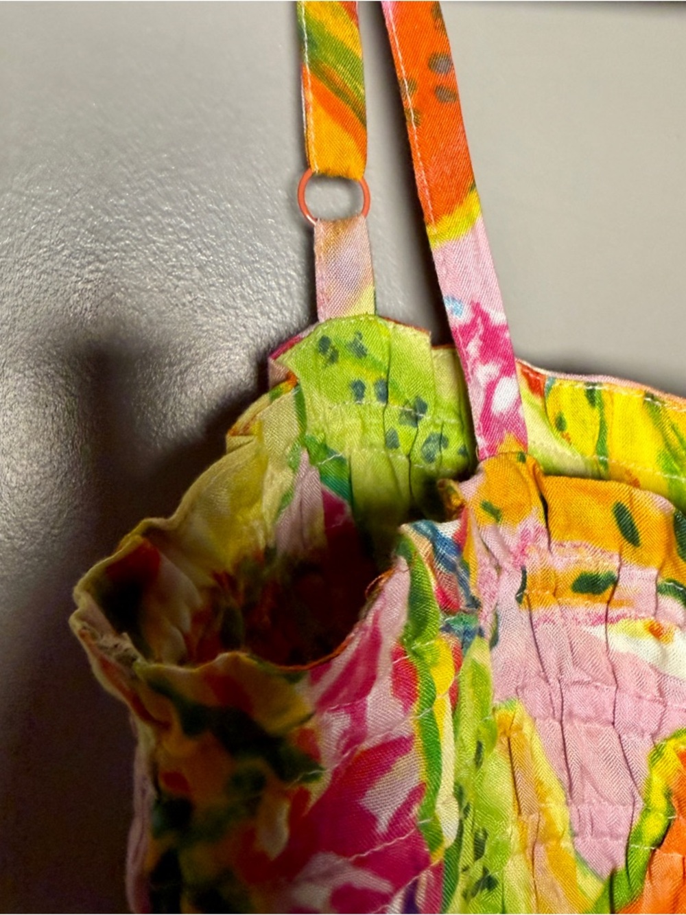 True Destinations Tropical Fruit Print Mini Dress M Rayon Smocked Sundress - Picture 3 of 6